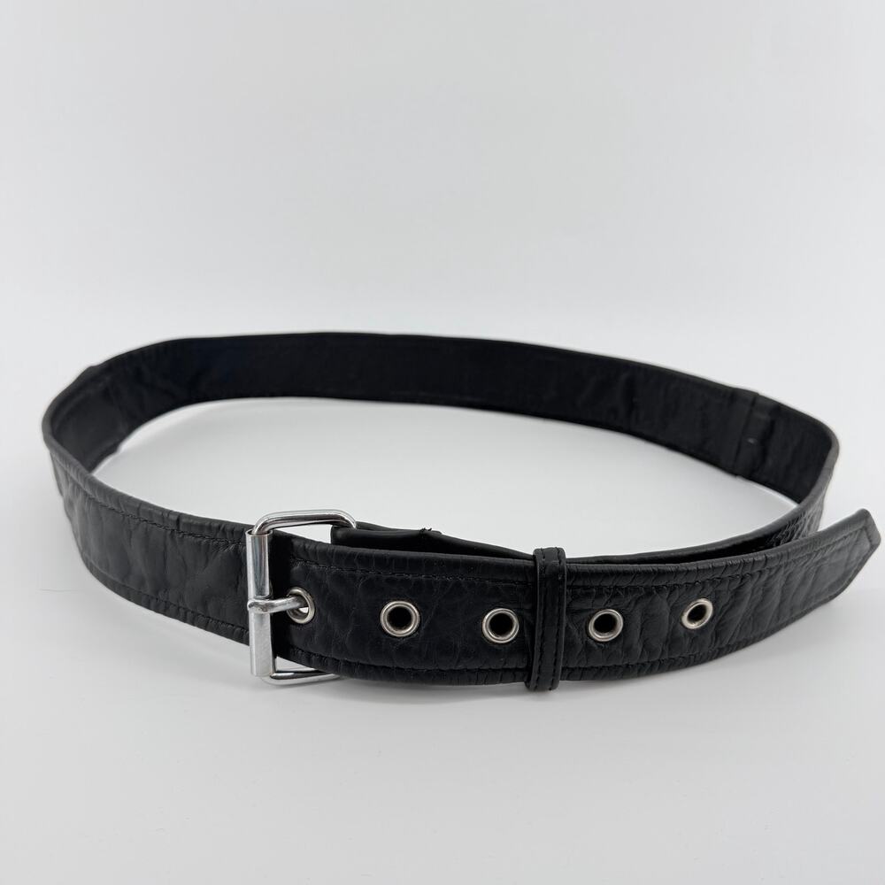 Black Biker Belt Textured Leather Grommet Eyelet with Silver Sz 36 Indie Grunge